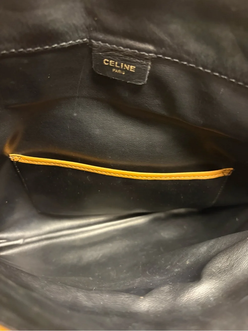 Vintage Celine Black Leather Envelope Clutch Tan Trim Authenticated Madein Italy